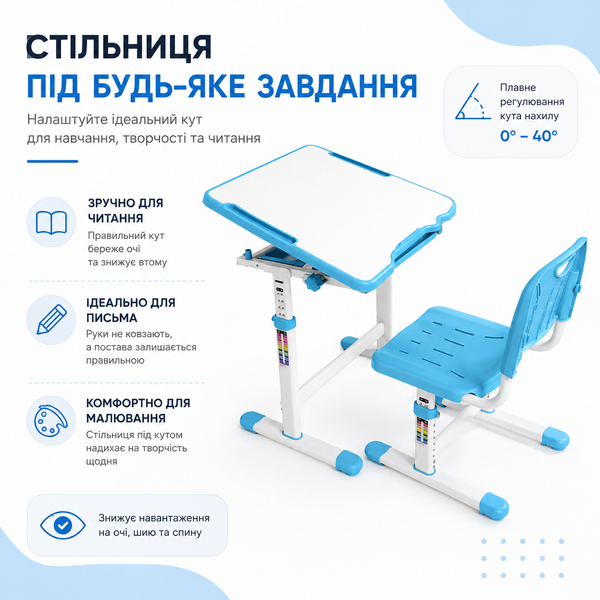 Комплект універсальної зростаючої дитячої парти зі стільчиком Cubby Sorpresa Blue 800238фото